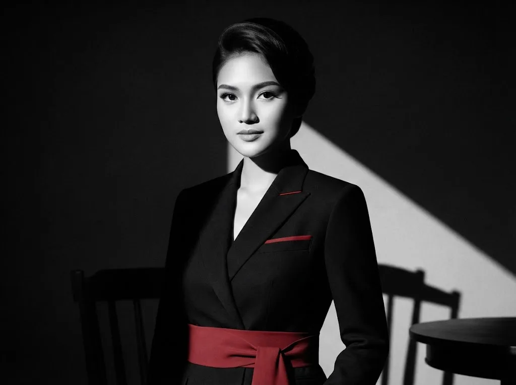 Kombinasi antara busana formal bergaya modern dengan tata artistik pencahayaan retro menciptakan sebuah karya visual yang memiliki nilai seni tinggi. Foto ini berhasil menyampaikan kesan profesionalisme, keanggunan, serta kekuatan karakter dalam waktu bersamaan.